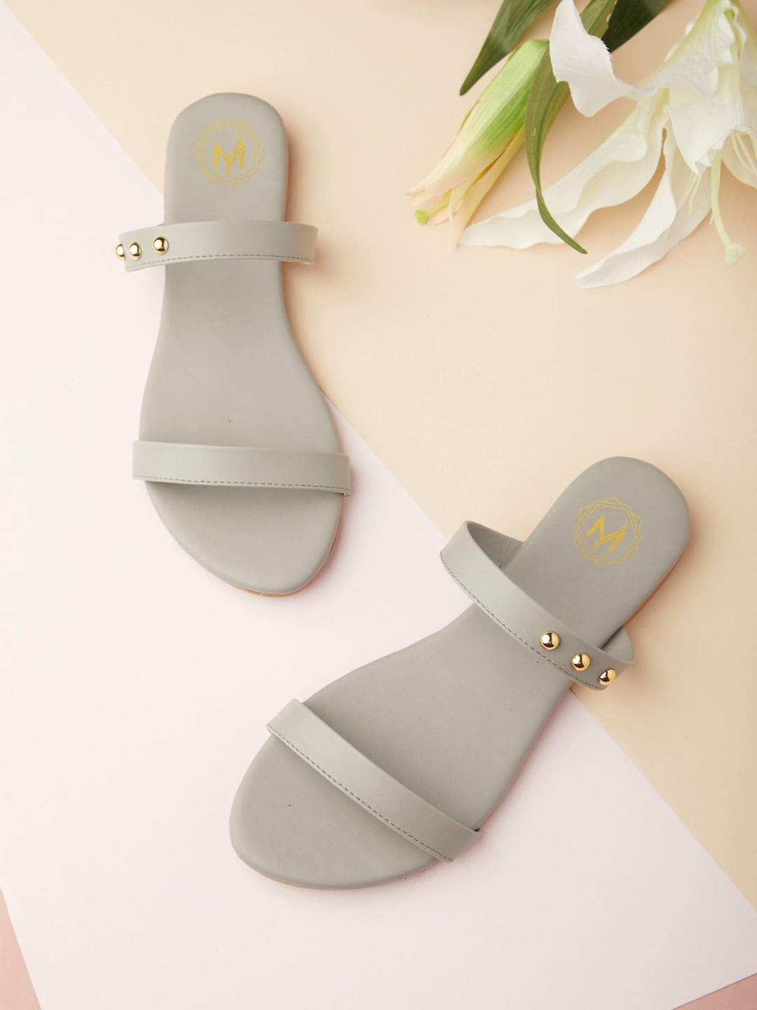 

Myra Women Double Strap Embellished Open Toe Flats, Grey