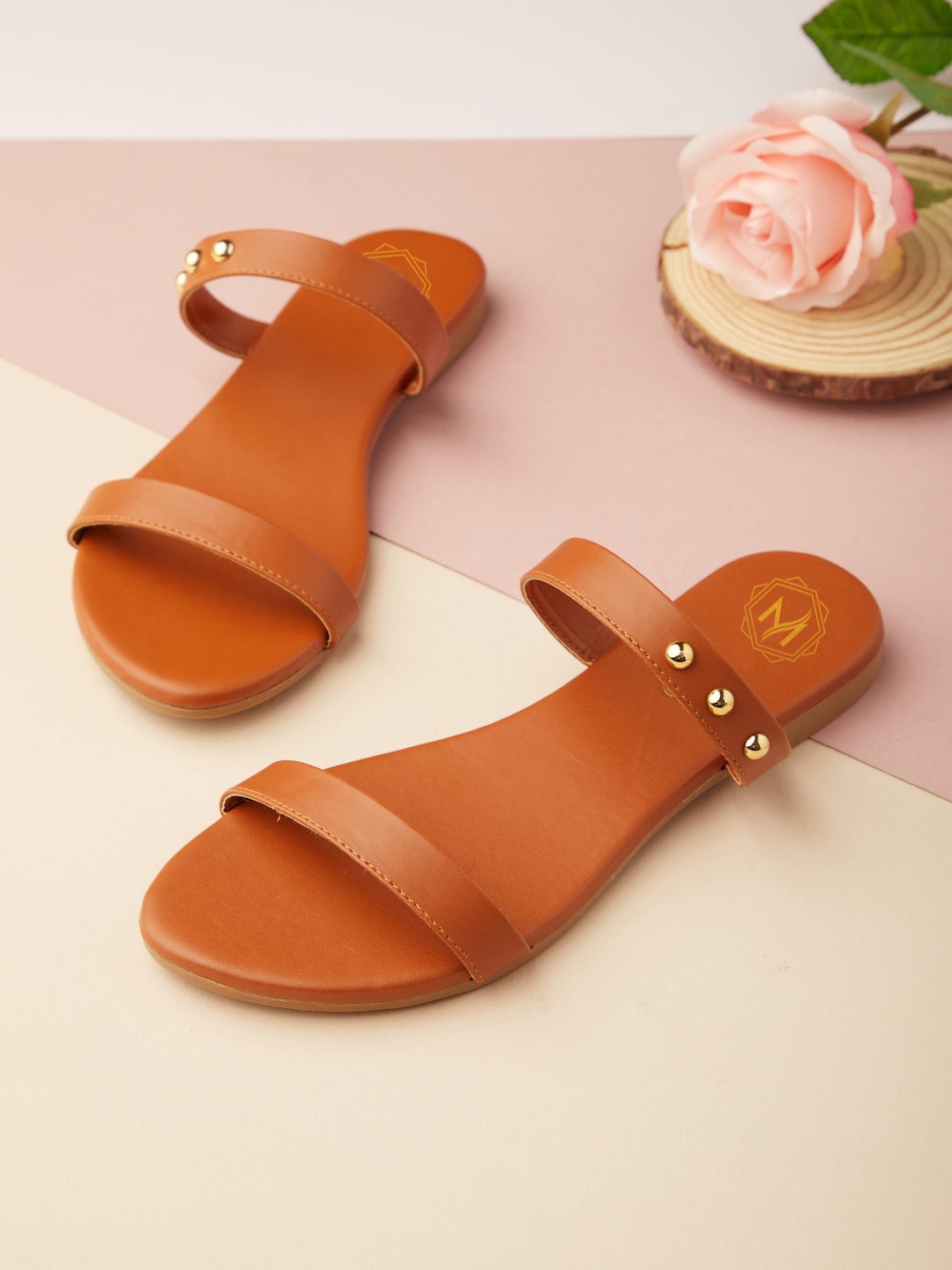 

Myra Women Double Strap Embellished Open Toe Flats, Tan