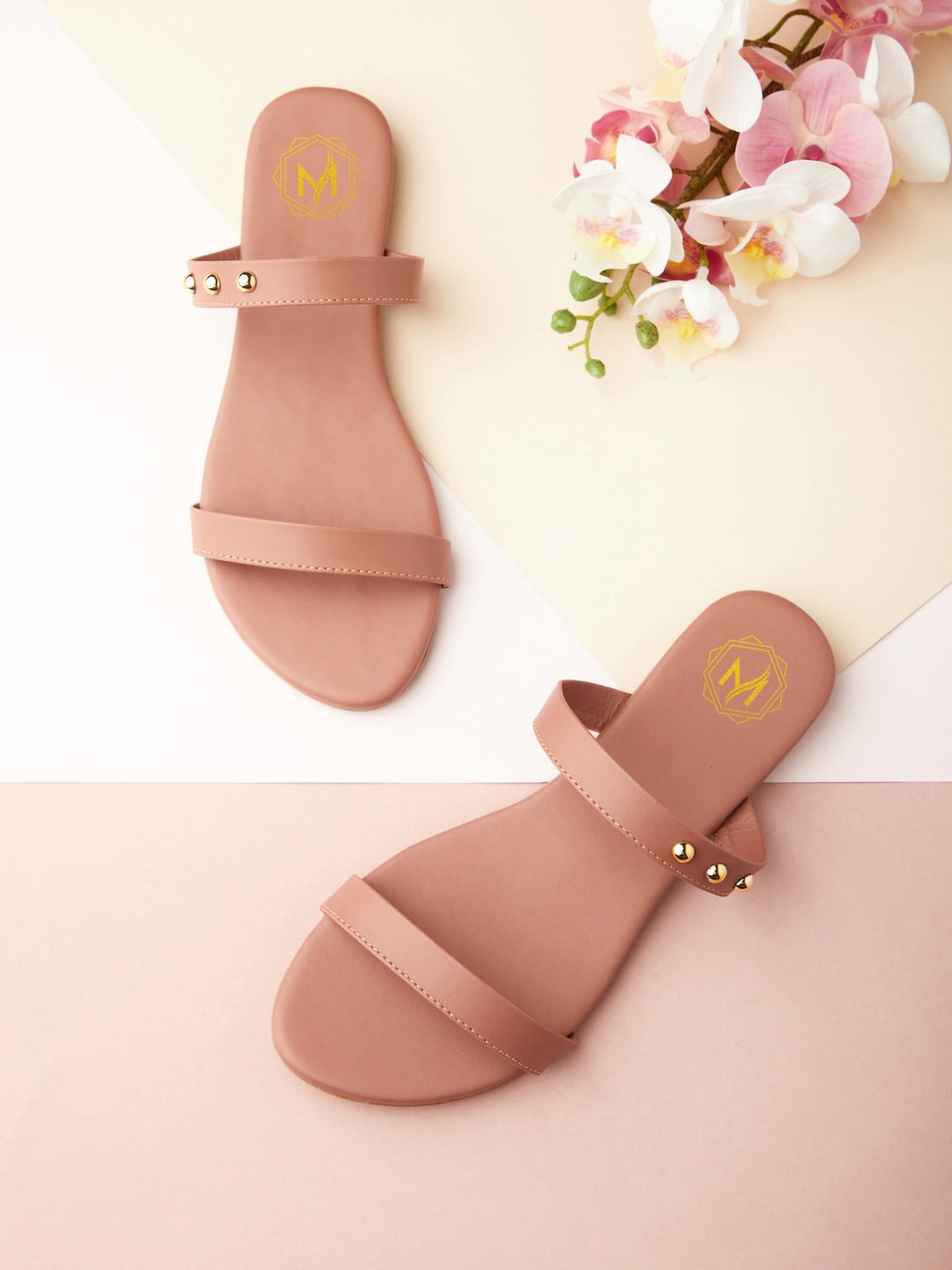 

Myra Women Double Strap Embellished Open Toe Flats, Peach
