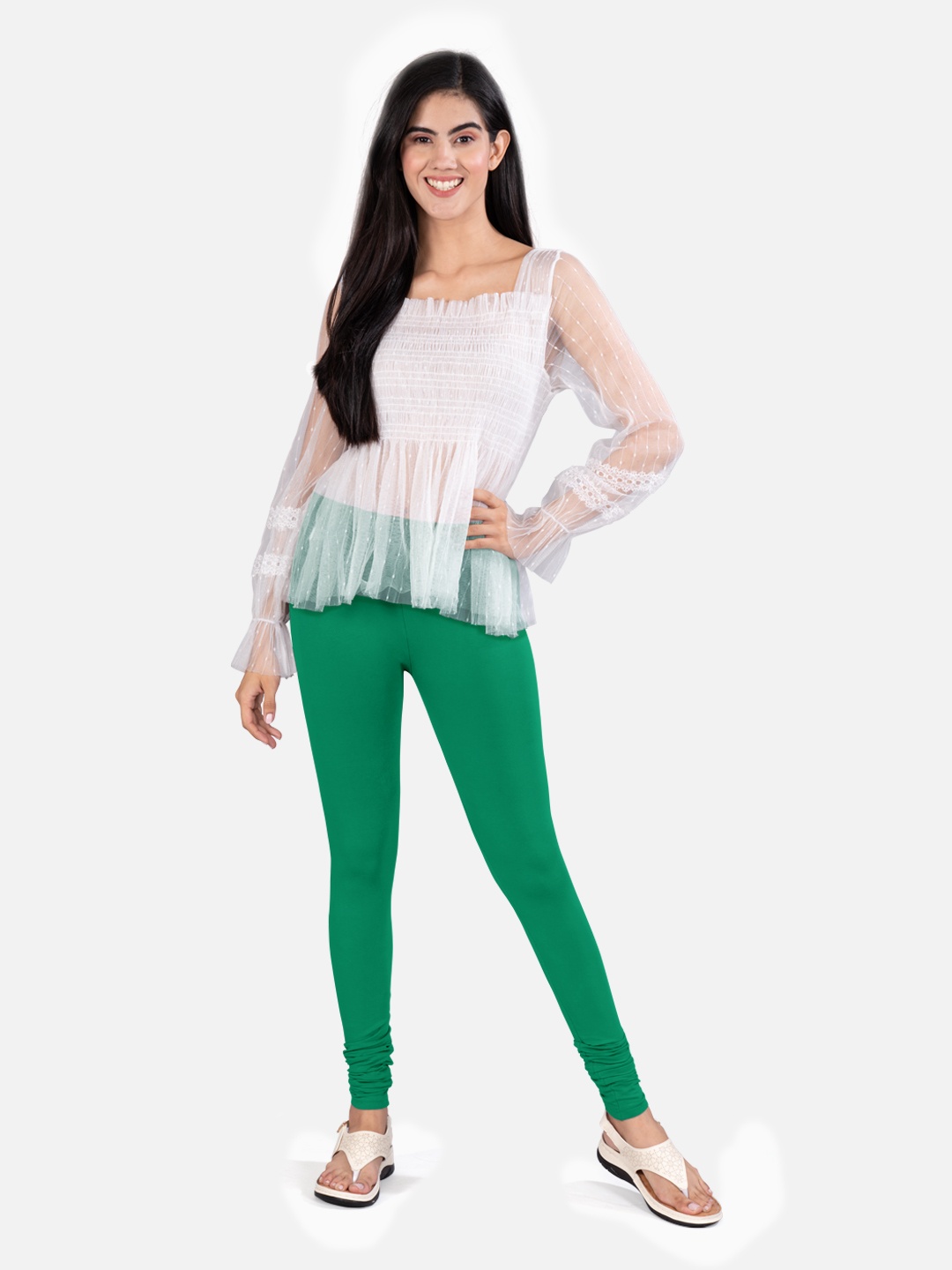 

indian flower 4-Way Stretch Churidar Length Leggings, Green