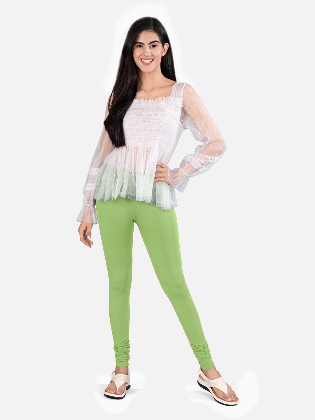 

indian flower 4-Way Stretch Churidar Length Leggings, Green