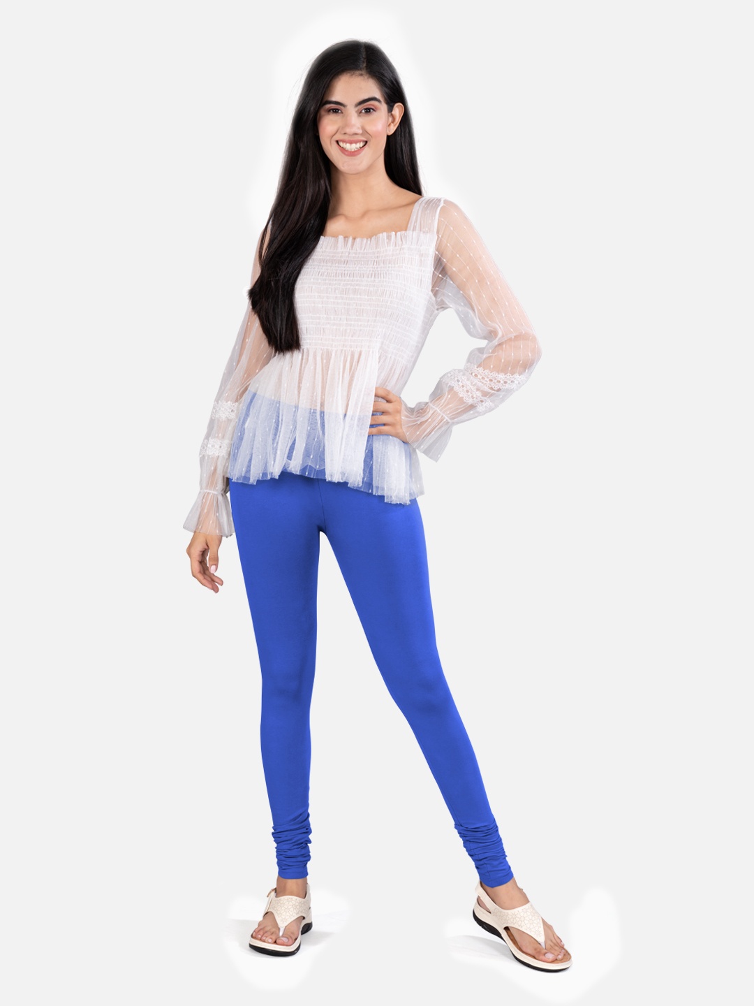

indian flower 4-Way Stretch Churidar Length Leggings, Blue
