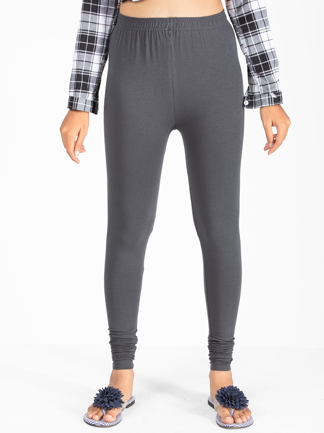 

indian flower 4-Way Stretch Churidar Length Leggings, Grey