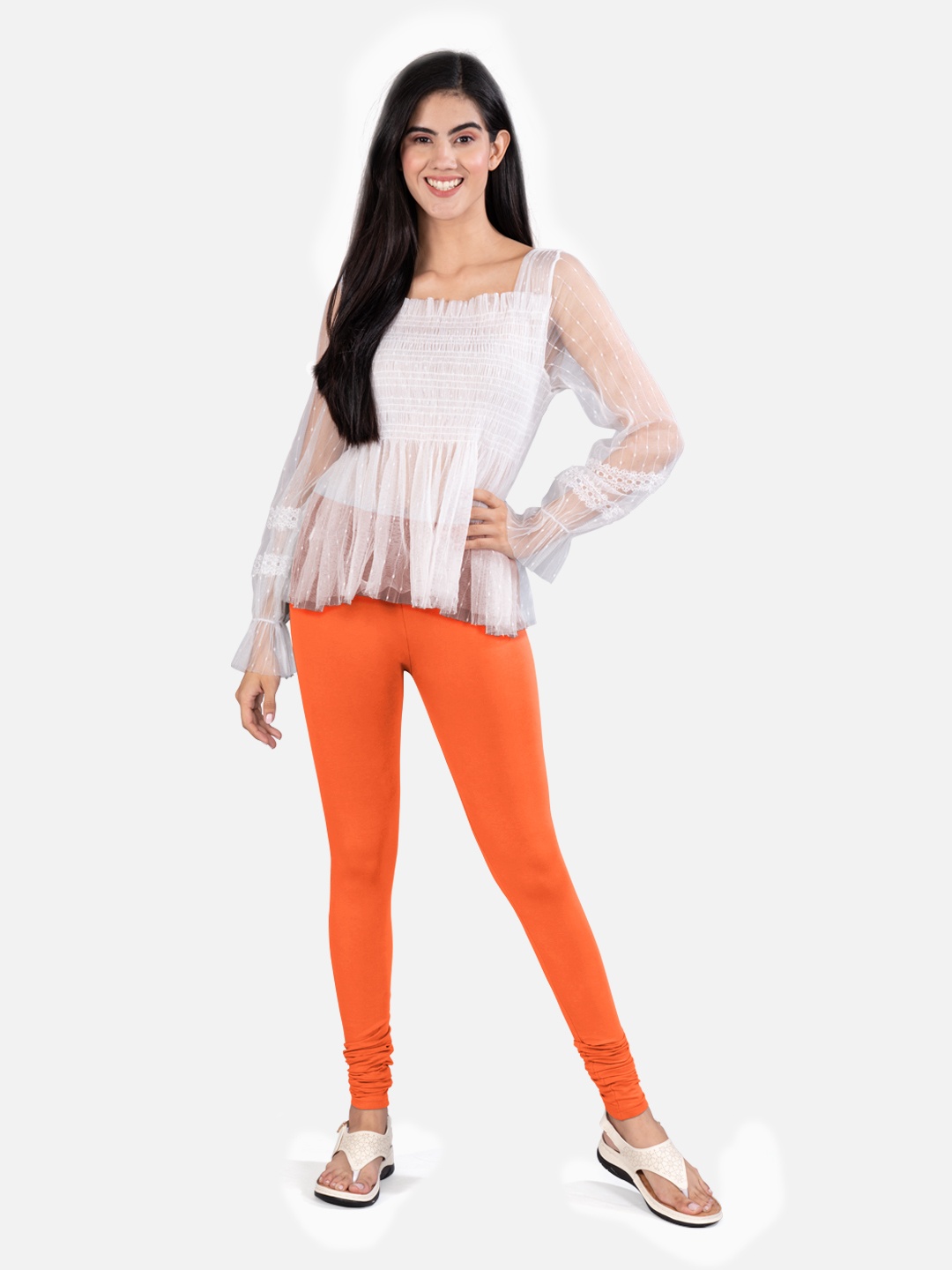 

indian flower 4-Way Stretch Churidar Length Leggings, Orange