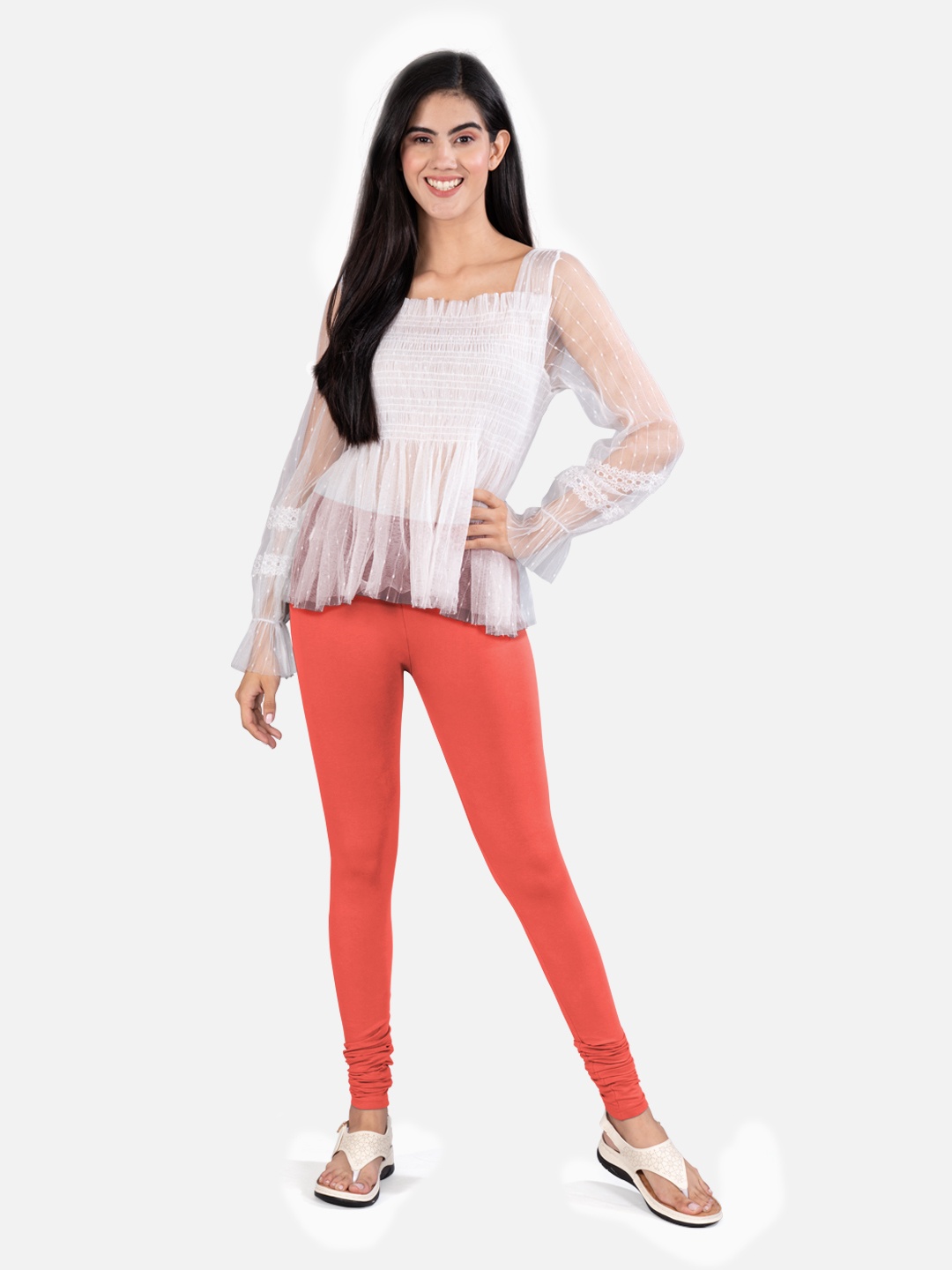 

indian flower 4-Way Stretch Churidar Length Leggings, Orange