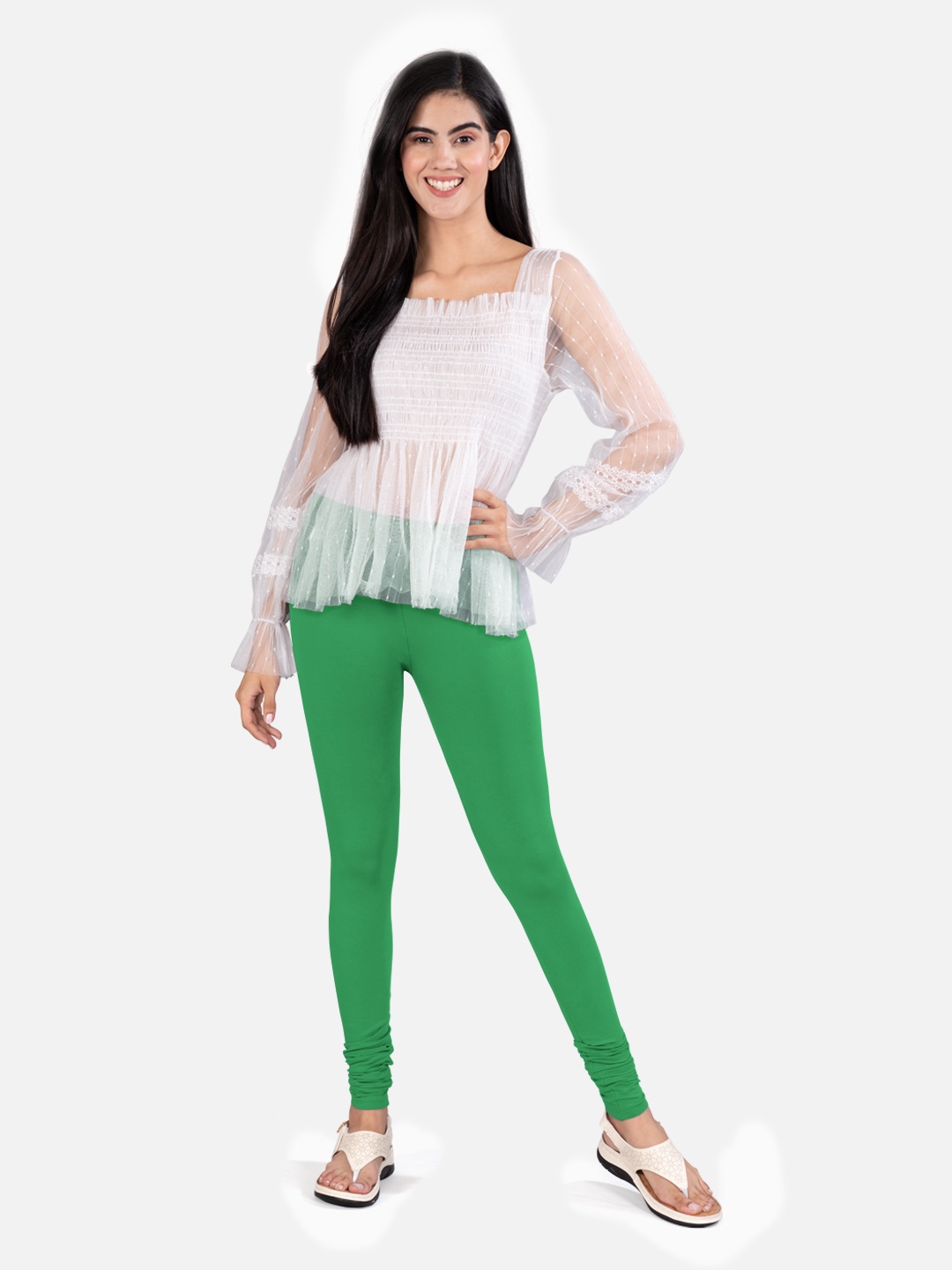 

indian flower 4-Way Stretch Churidar Length Leggings, Green