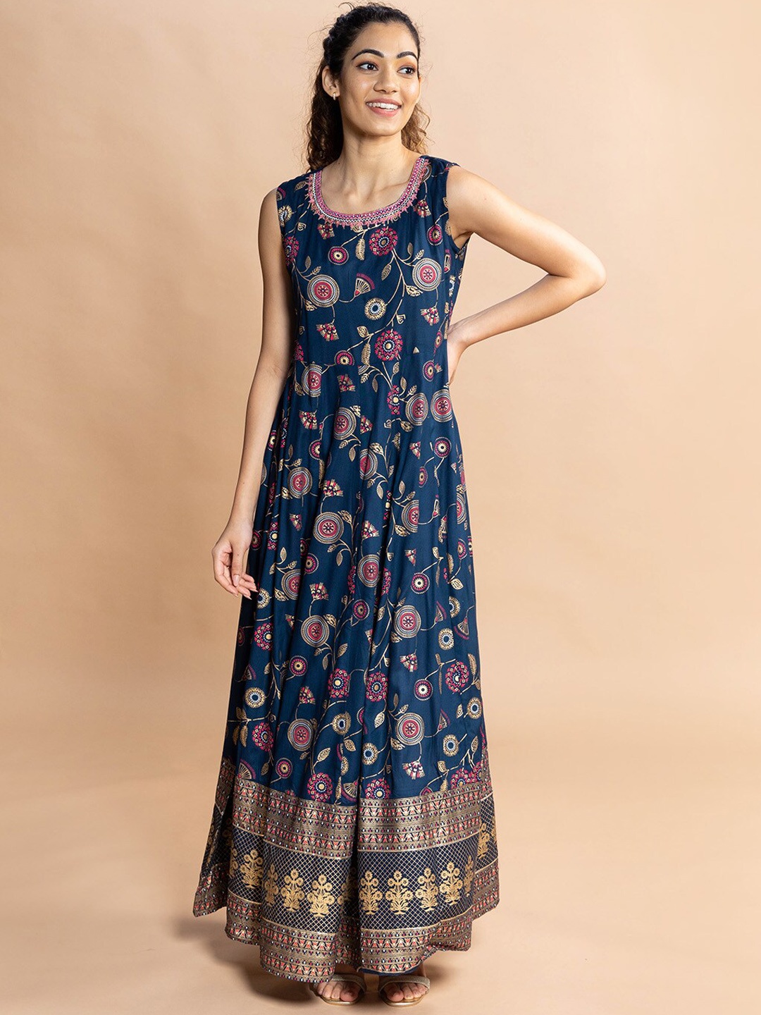 

Rmya Printed Sleeveless Embroidered Fit & Flare Ethnic Dress, Blue