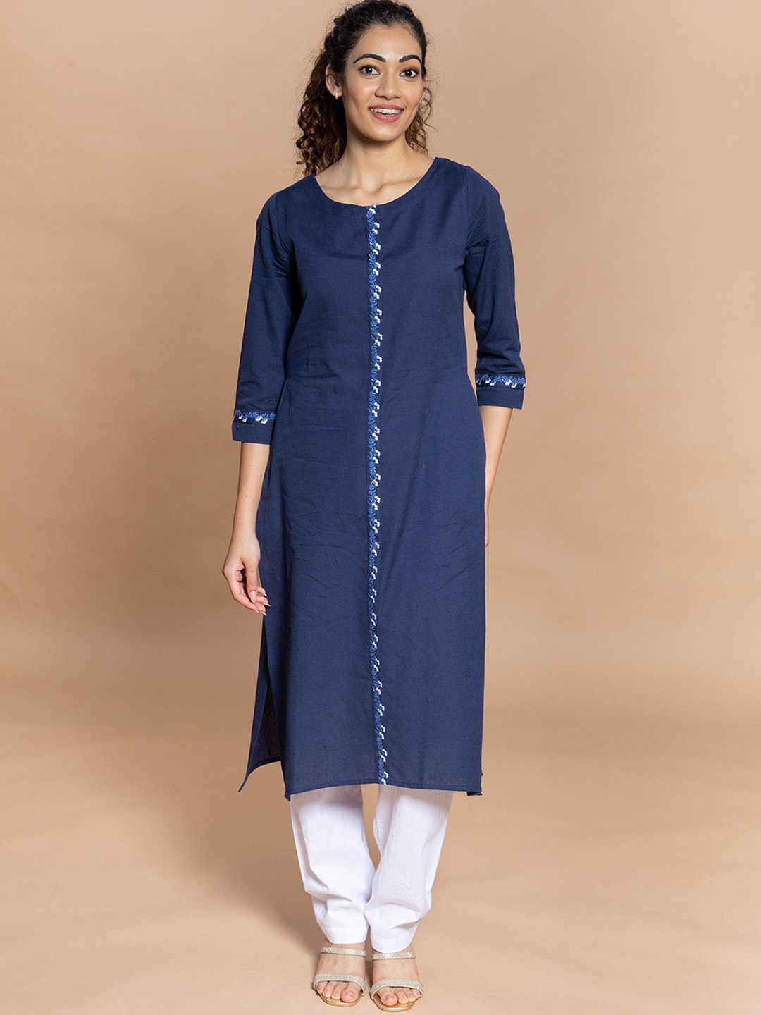 

Rmya Thread Work Pure Cotton Straight Kurta, Navy blue