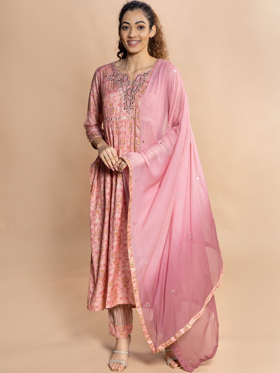 

Rmya Floral Printed Notched Neck Thread Work Straight Kurta With Trousers & Dupatta, Peach