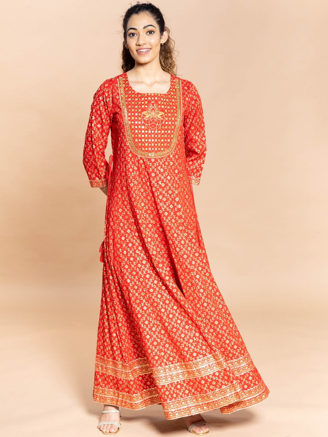 

Rmya Floral Printed Square Neck Embroidered A-line Ethnic Dress, Orange