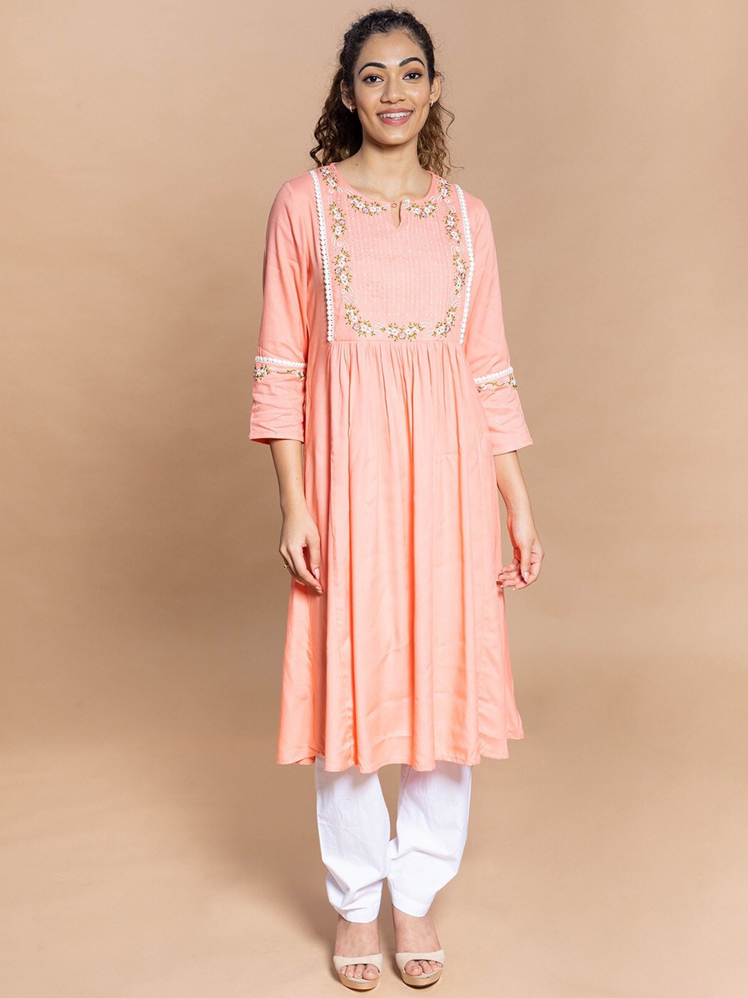 

Rmya Women Peach-Coloured Ethnic Motifs Sequinned Kurta