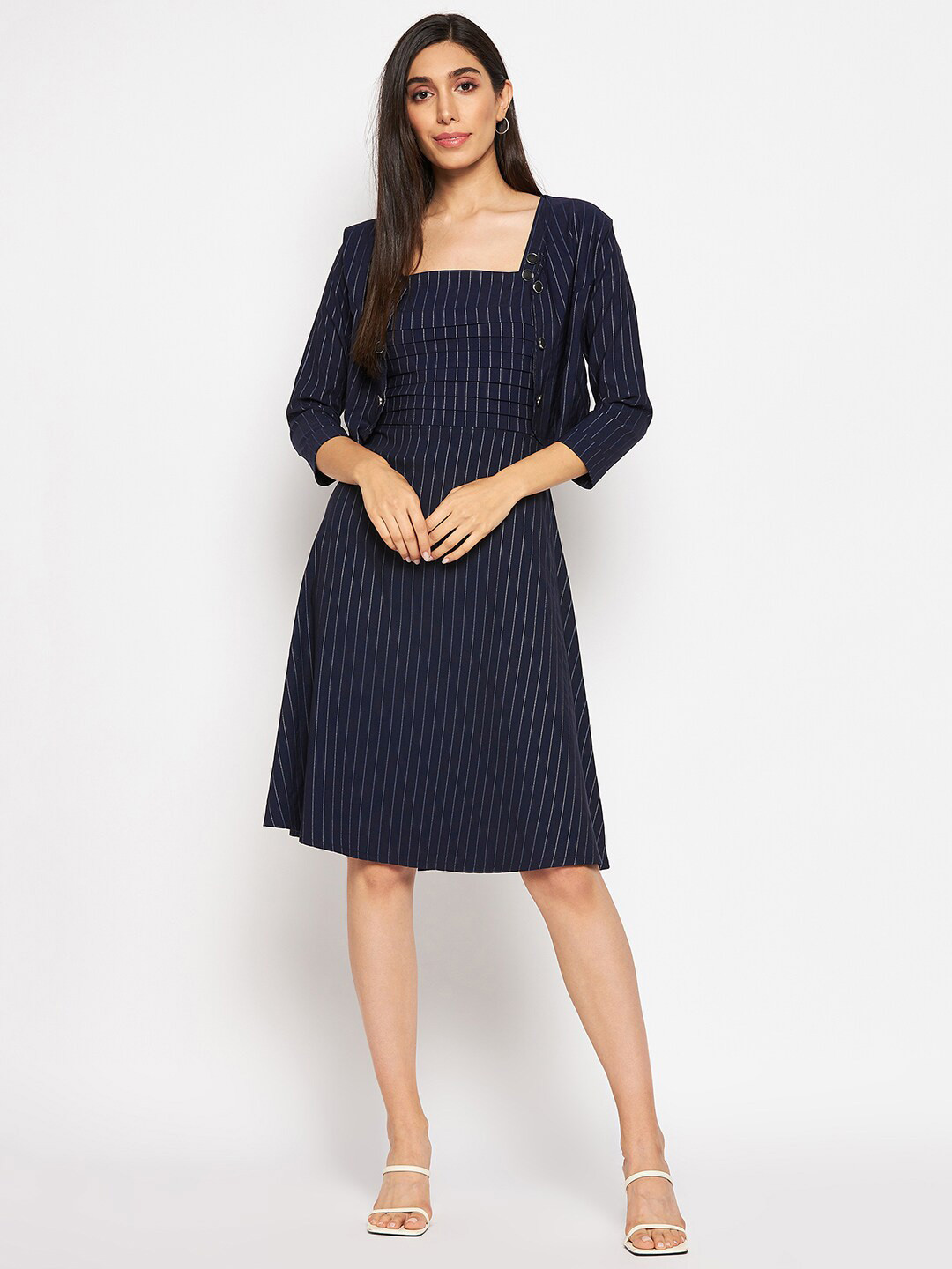 

Camey Striped Sleeveless A-Line Dress With Jacket, Navy blue