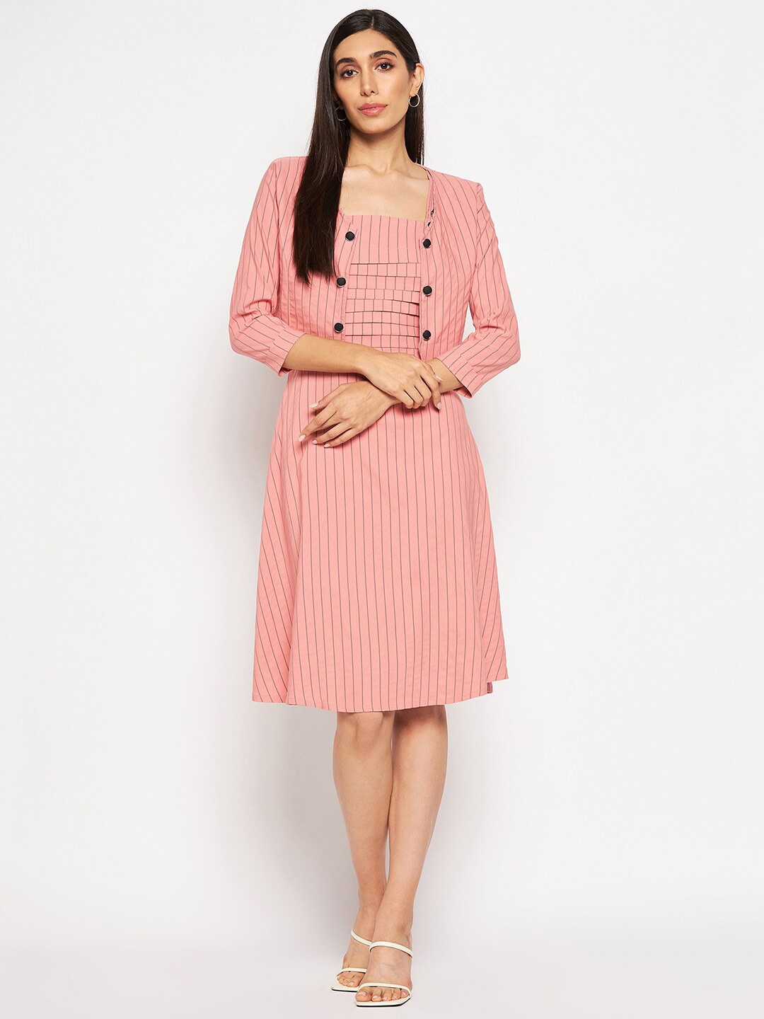 

Camey Striped Shoulder Strap Cotton A-Line Dress With Jacket, Peach