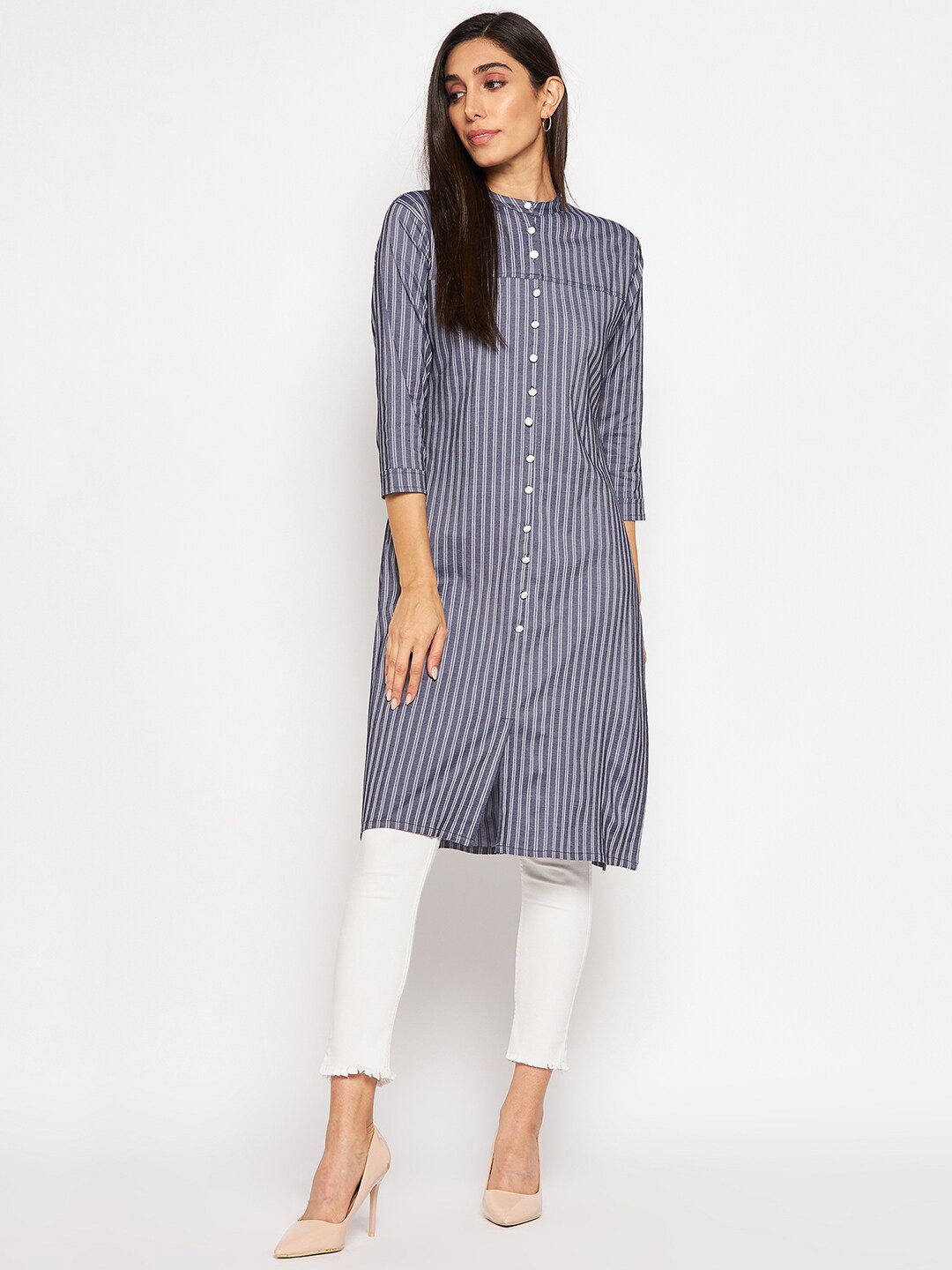 

Camey Striped Mandarin Collar Three-Quarter Sleeves Multiple Slits Cotton Kurta, Navy blue