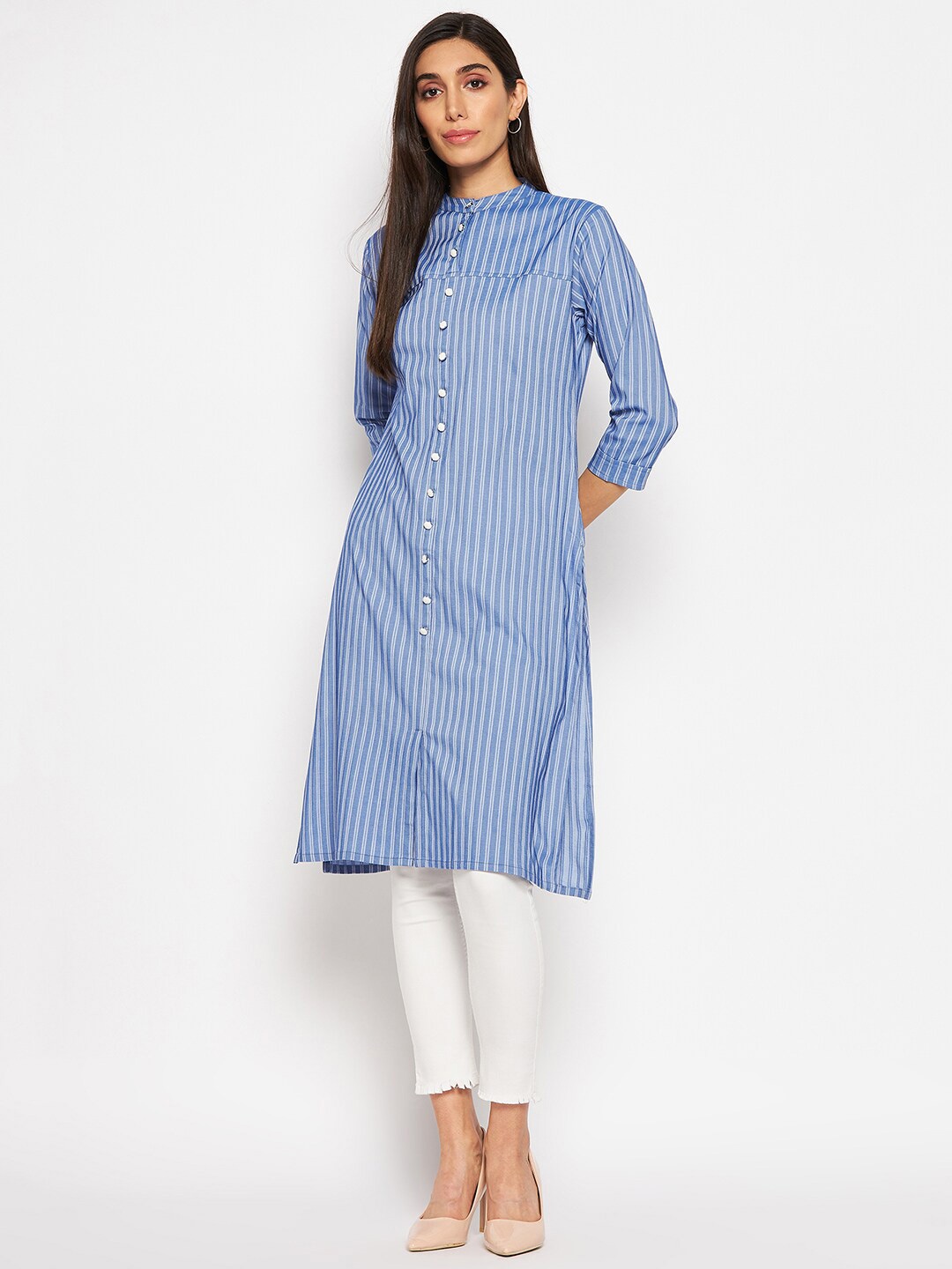 

Camey Striped Mandarin Collar Cotton Kurta, Blue