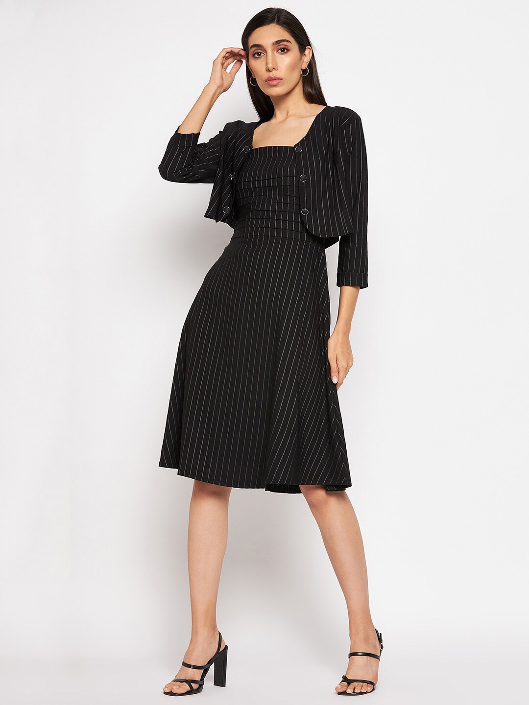 

Camey Shoulder Straps Striped A-Line Cotton Dress With Jacket, Black