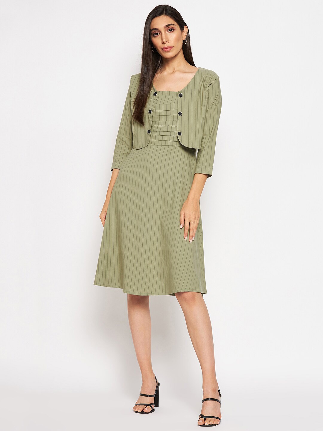 

Camey Shoulder Straps Striped Cotton A-Line Dress, Green