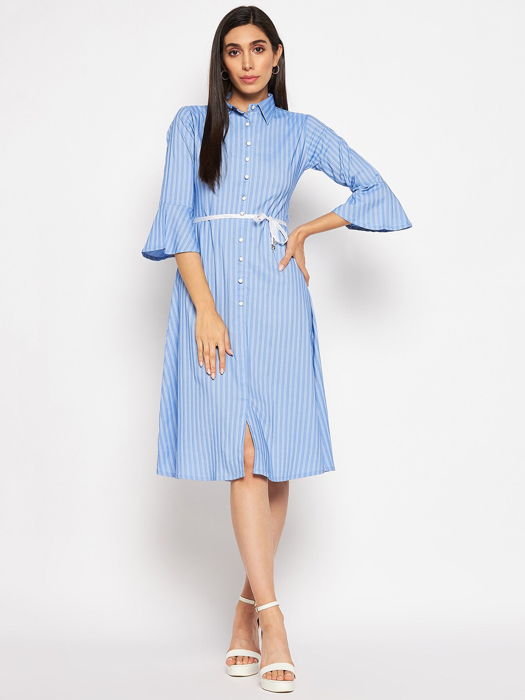 

Camey Striped Bell Sleeves Belted Shirt Dress, Blue
