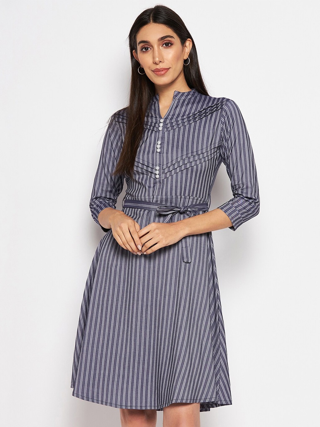 

Camey Striped Mandarin Collar Belted Cotton Fit & Flare Dress, Navy blue