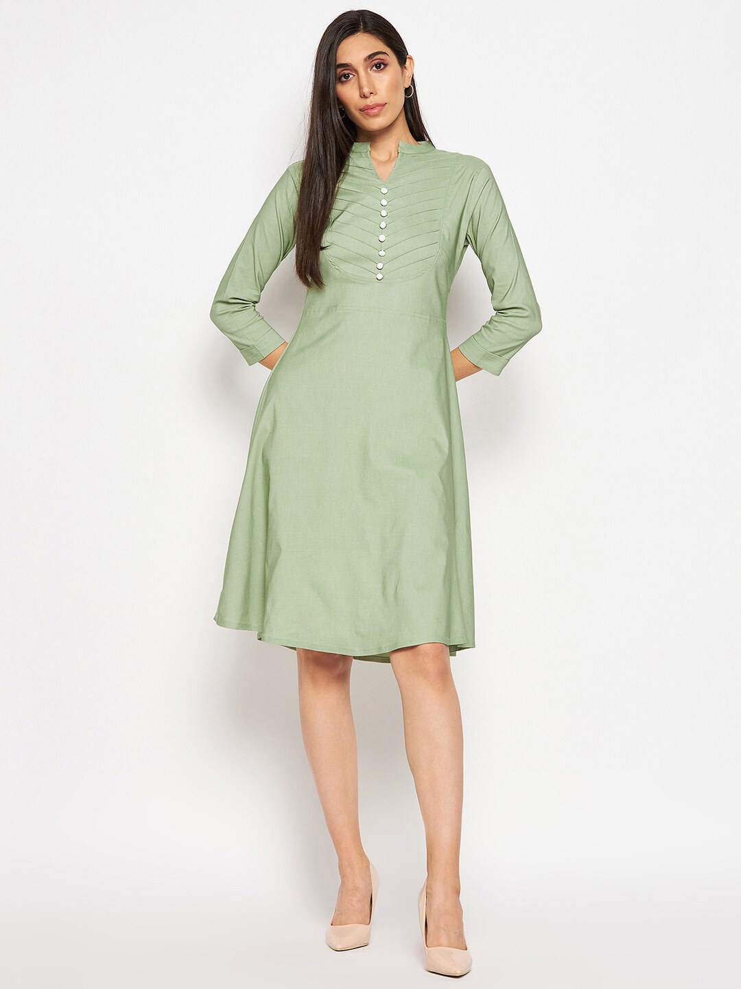 

Camey Mandarin Collar Cotton A-Line Dress, Green