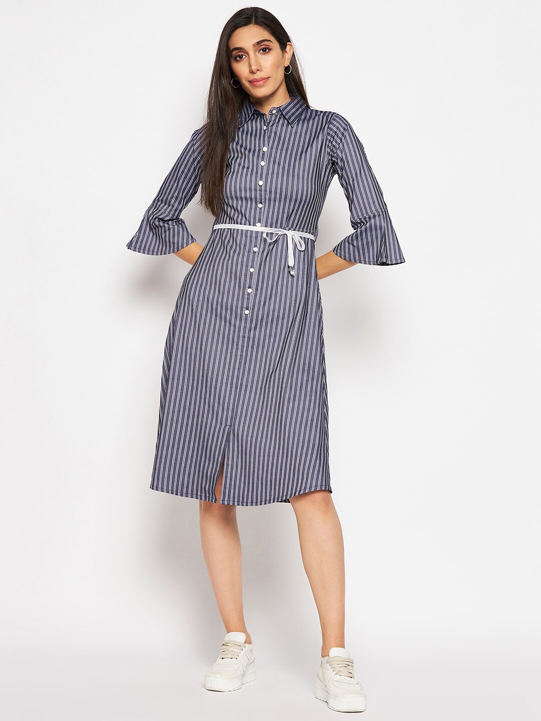 

Camey Striped Bell Sleeve Shirt Dress, Navy blue