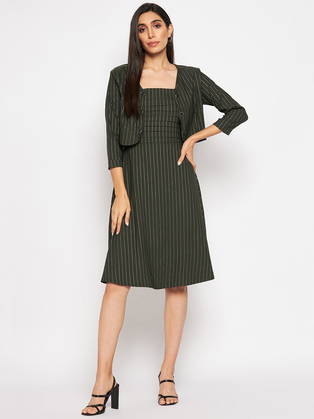 

Camey Striped Sleeveless A-Line Dress With Jacket, Olive