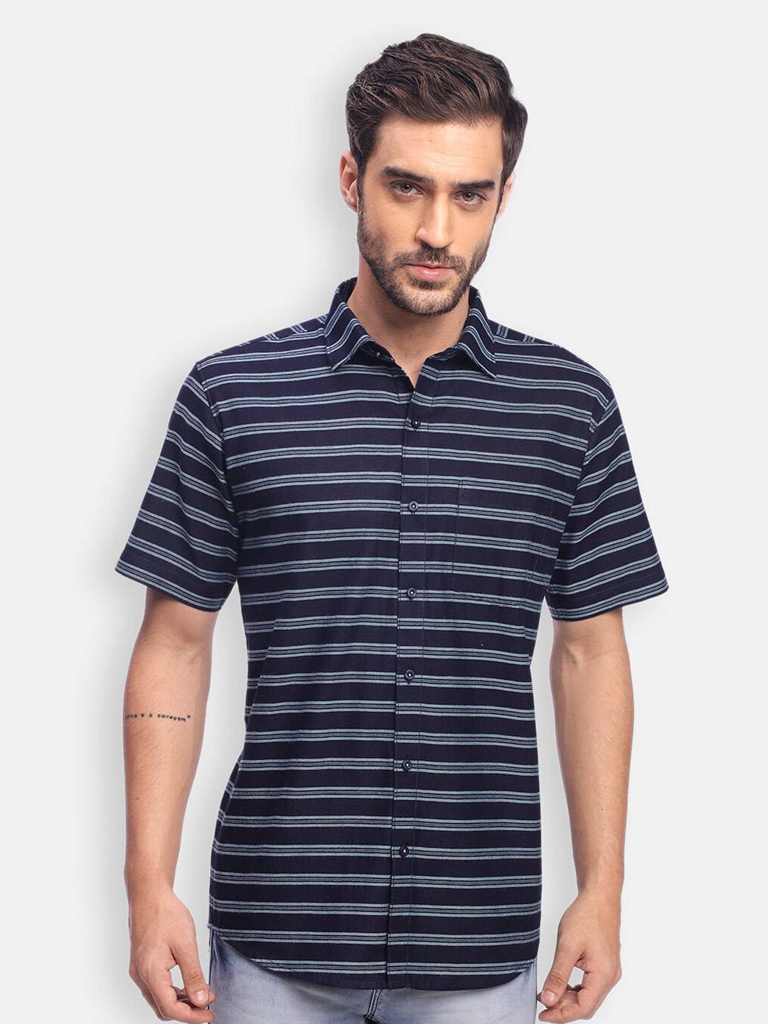 

Zeal Horizontal Stripes Pure Cotton Opaque Casual Shirt, Navy blue