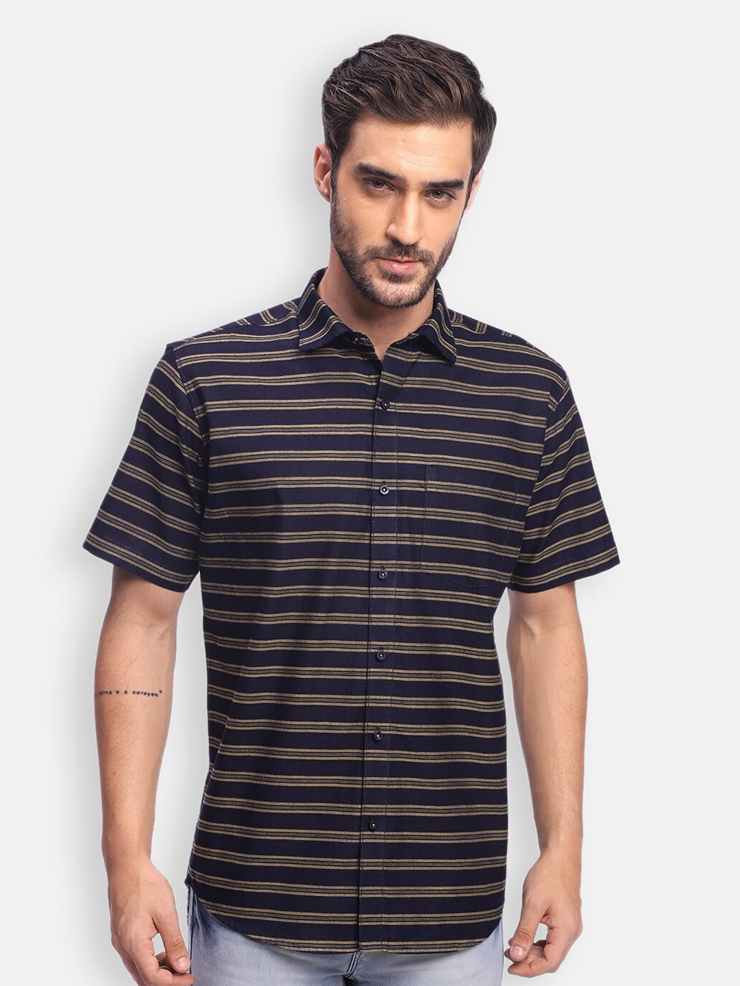 

Zeal Horizontal Striped Pure Cotton Regular Fit Casual Shirt, Navy blue
