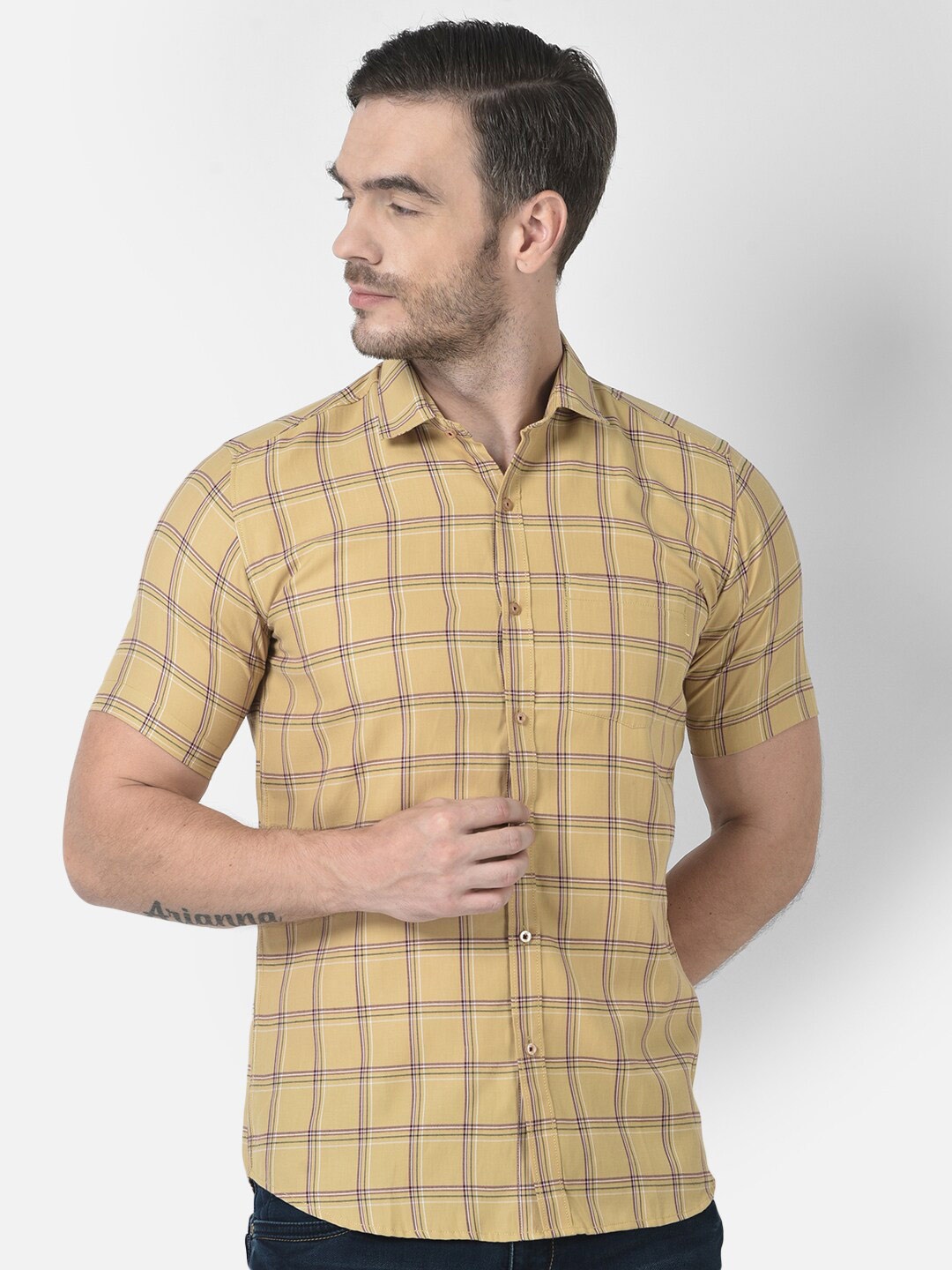 

Zeal Standard Opaque Tartan Checks Checked Twill Pure Cotton Casual Shirt, Beige