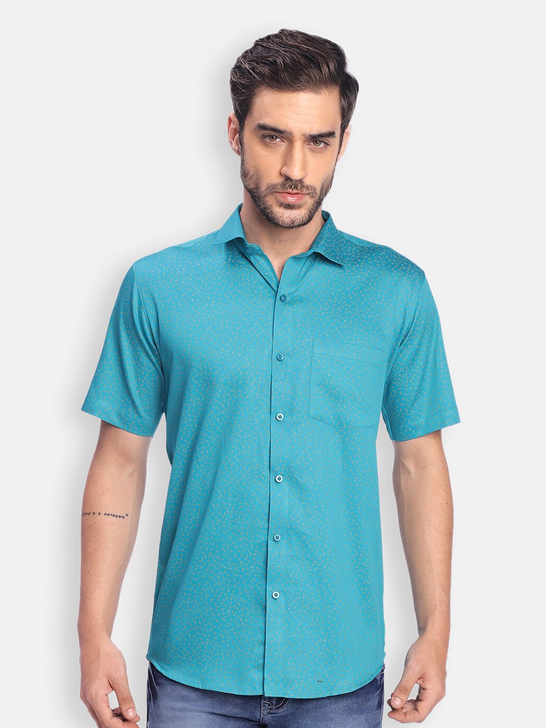 

Zeal Micro Printed Short Sleeves Pure Cotton Casual Shirt, Turquoise blue