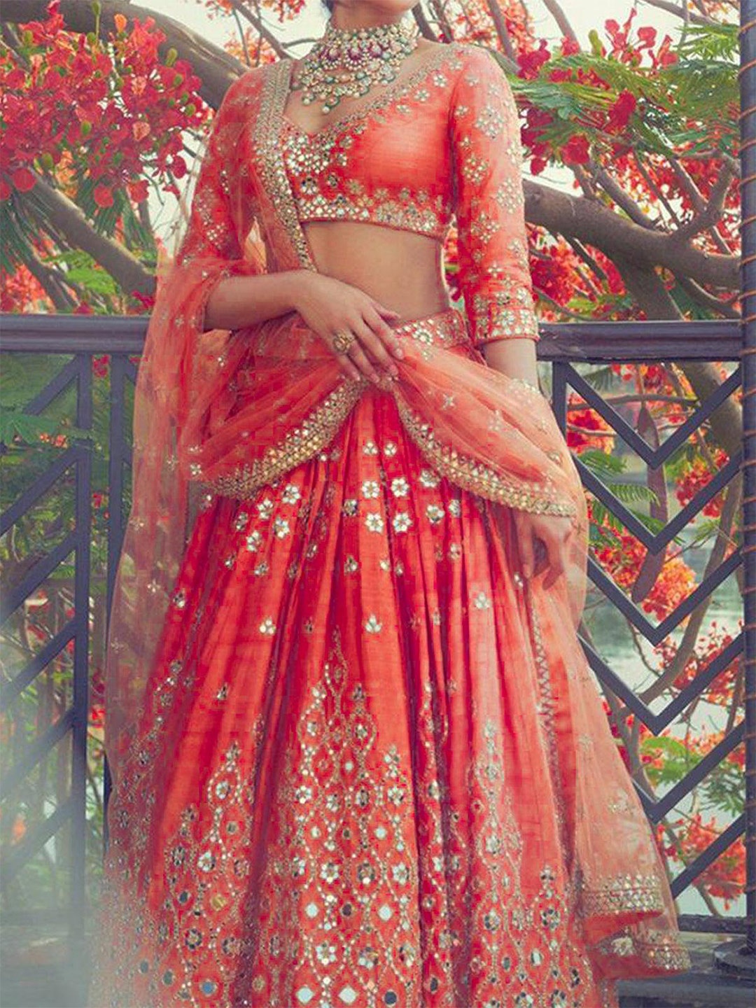 

ODETTE Embellished Mirror Work Semi-Stitched Lehenga & Unstitched Blouse With Dupatta, Orange