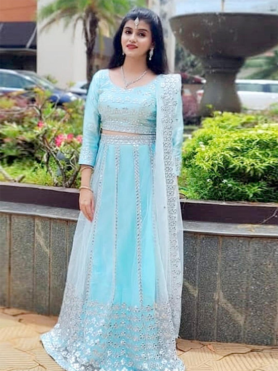 

ODETTE Embellished Mirror Work Semi-Stitched Lehenga & Unstitched Blouse With Dupatta, Blue