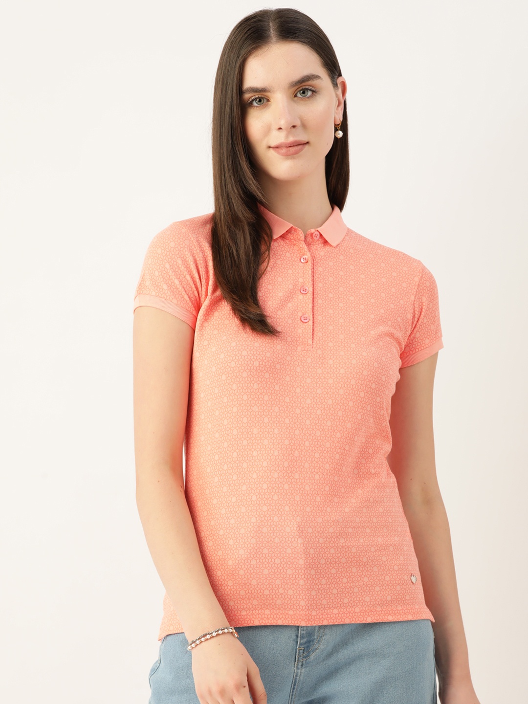 

Monte Carlo Pure Cotton Geometric Print Polo Collar T-shirt, Orange