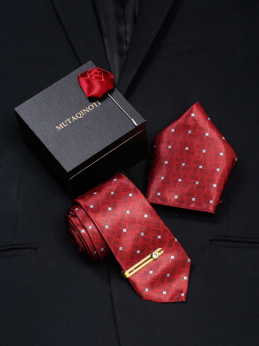 

MUTAQINOTI Men Silk Necktie Accessory Gift Set, Red