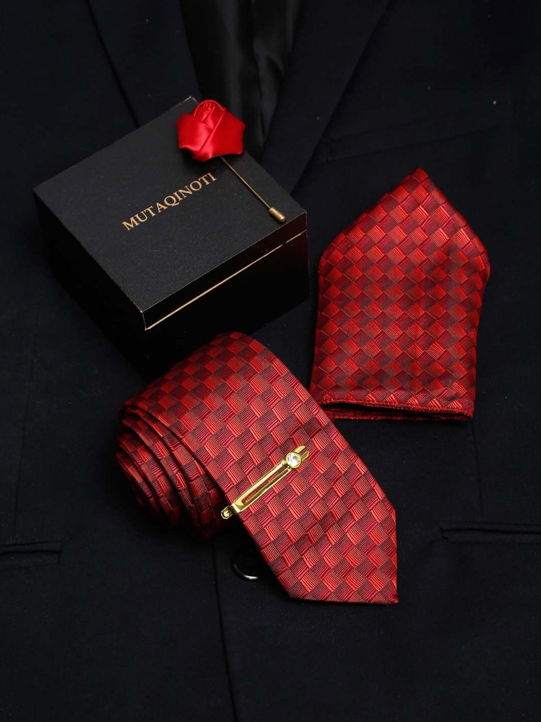

MUTAQINOTI Men Silk Necktie Accessory Gift Set, Red