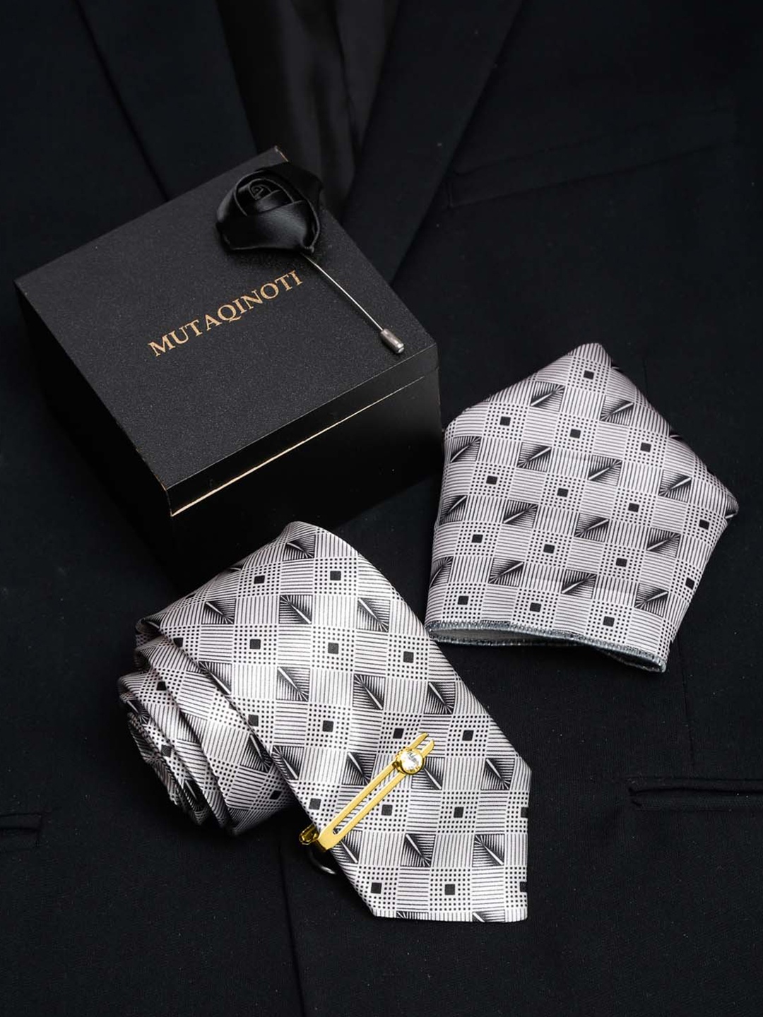 

MUTAQINOTI Men Silk Necktie Accessory Gift Set, Grey