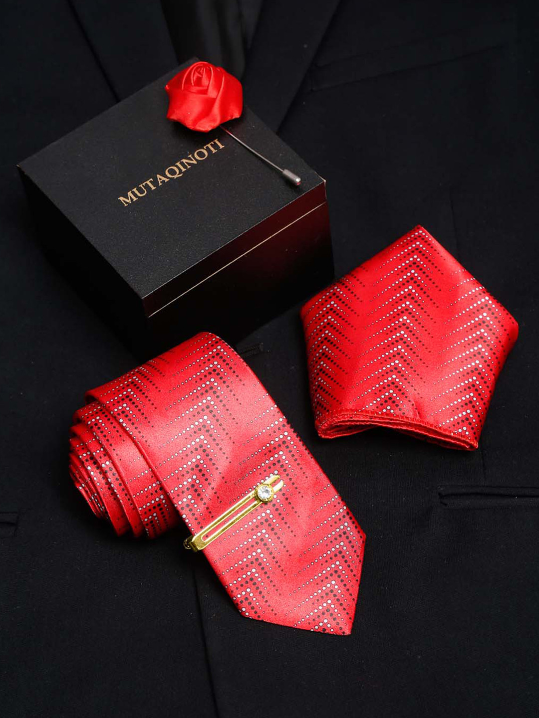 

MUTAQINOTI Men Silk Necktie Accessory Gift Set, Red