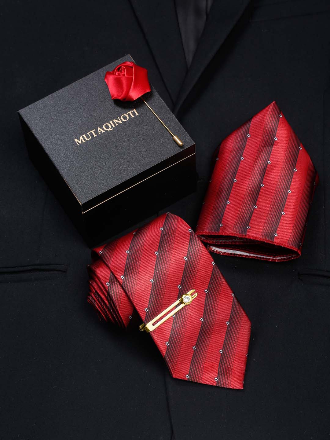 

MUTAQINOTI Men Silk Necktie Accessory Gift Set, Red