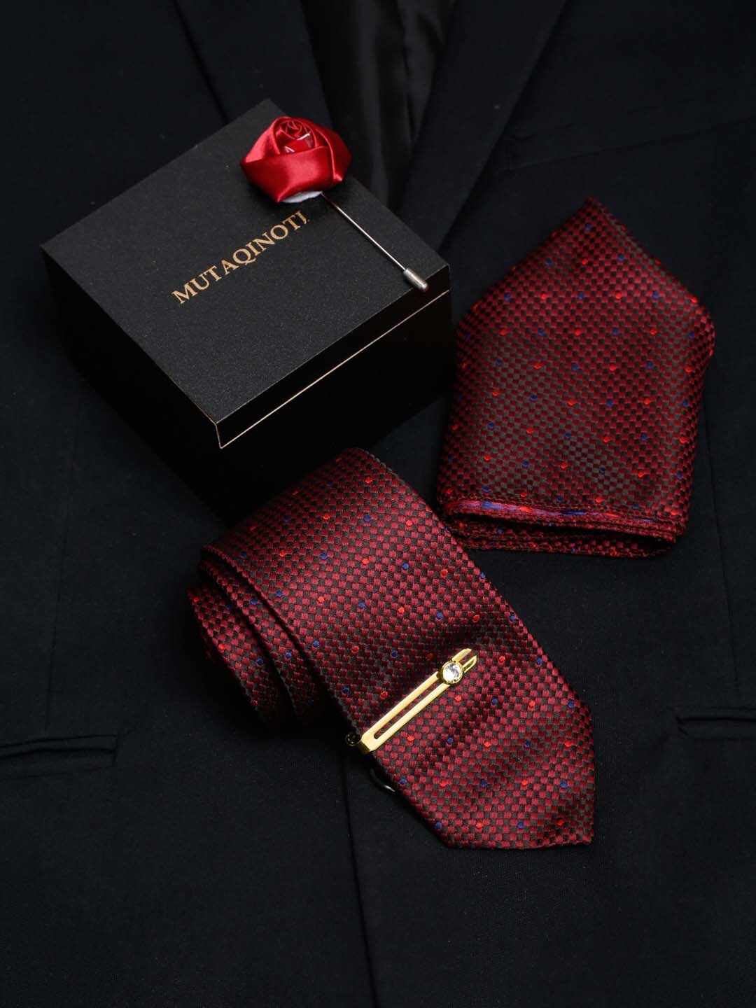

MUTAQINOTI Men Silk Necktie Accessory Gift Set, Maroon