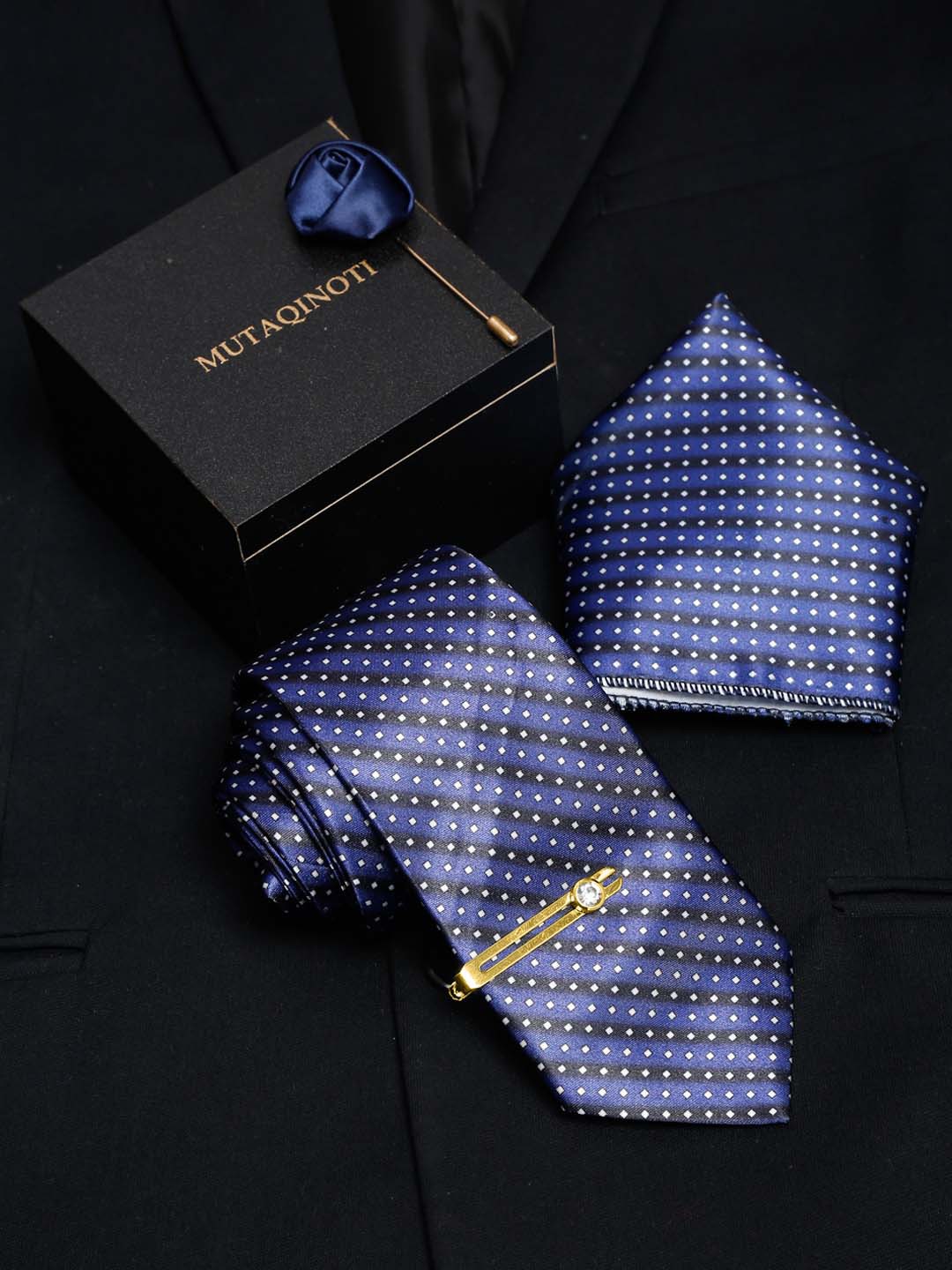

MUTAQINOTI Men Printed Silk Skinny Tie With Tie Pin, Blue