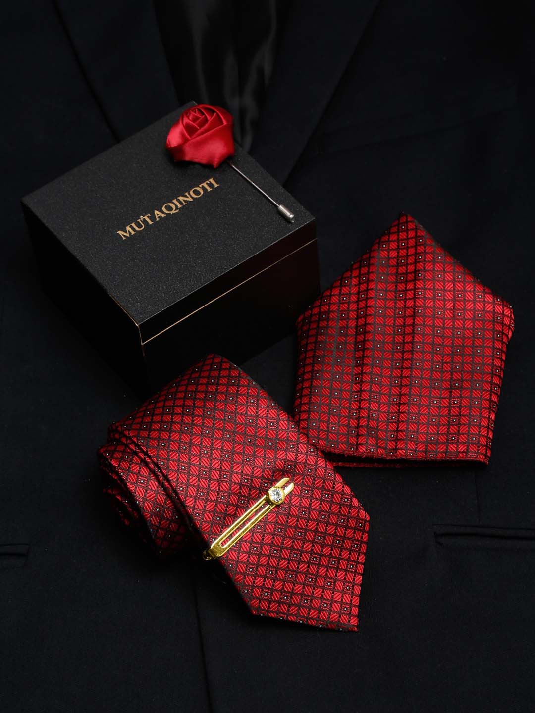 

MUTAQINOTI Men Silk Accessory Gift Set, Red