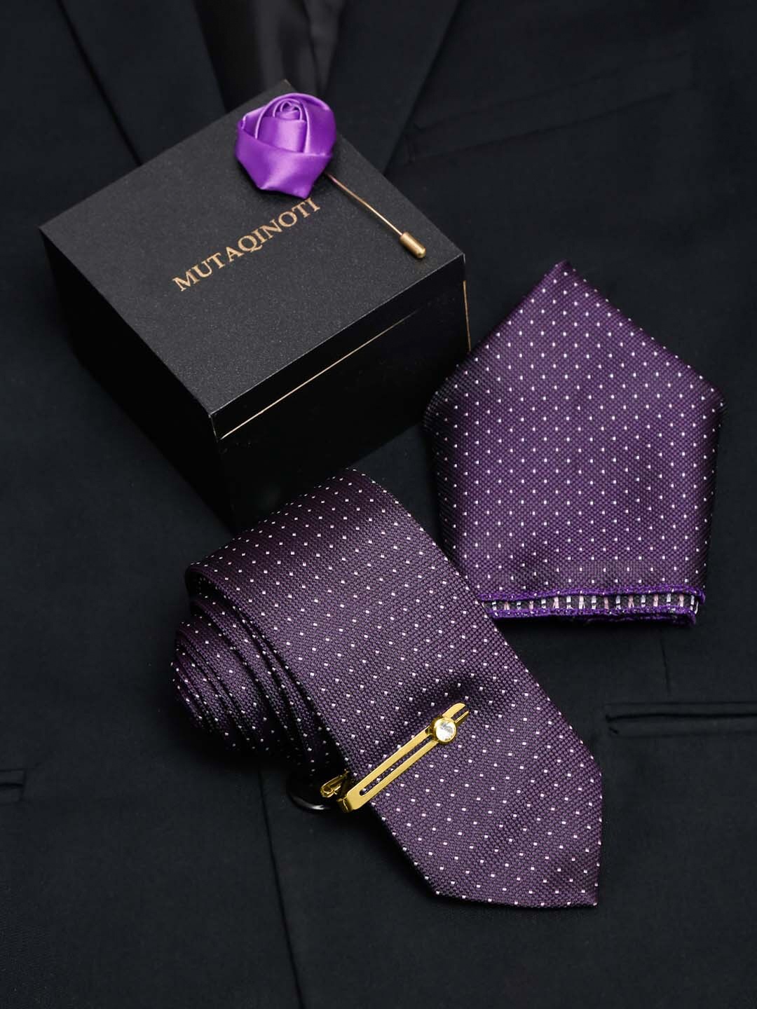 

Dotted Purple Dotted Silk Tie, Brooch & Pocket Square Accessory Gift Set
