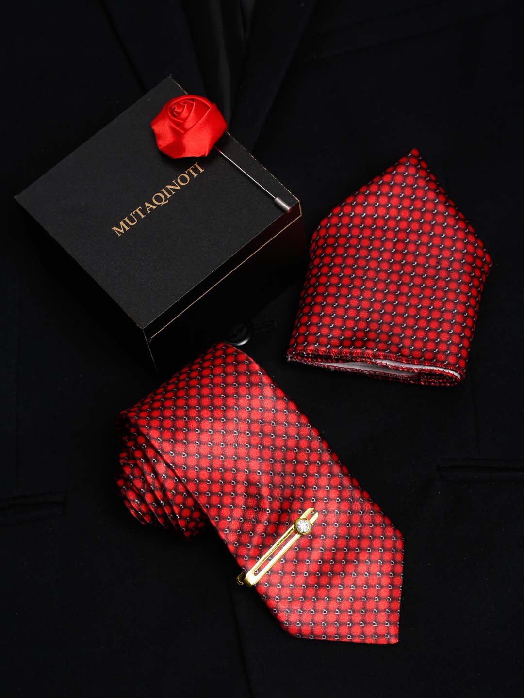 

MUTAQINOTI Men 4 Pieces Silk Accessory Gift Set, Red