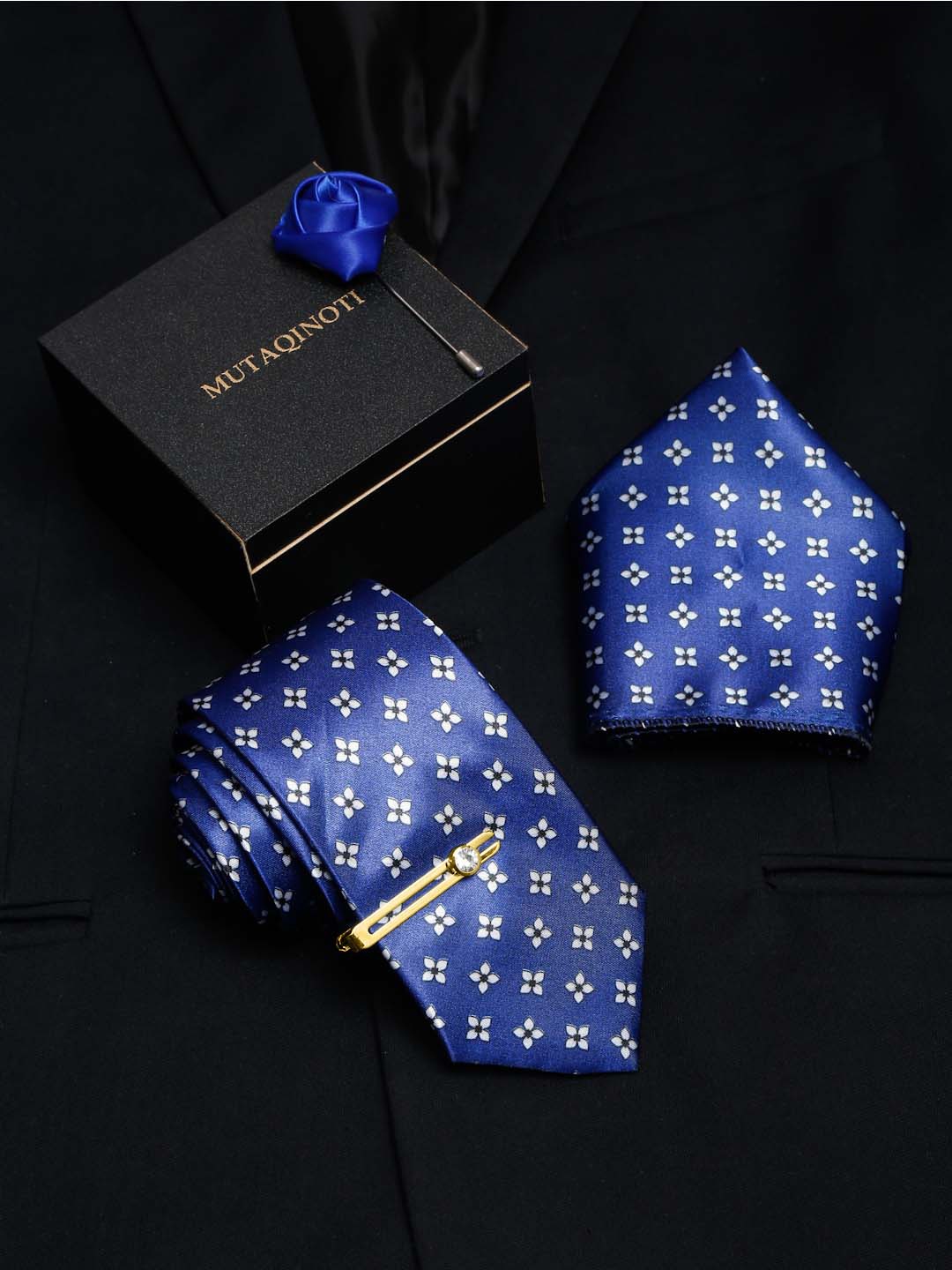 

MUTAQINOTI Men 4 Piece Silk Accessory Gift Set, Blue