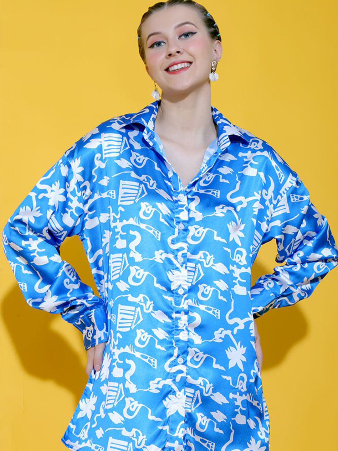 

Stylecast X Hersheinbox Comfort Opaque Abstract Printed Satin Casual Shirt, Blue