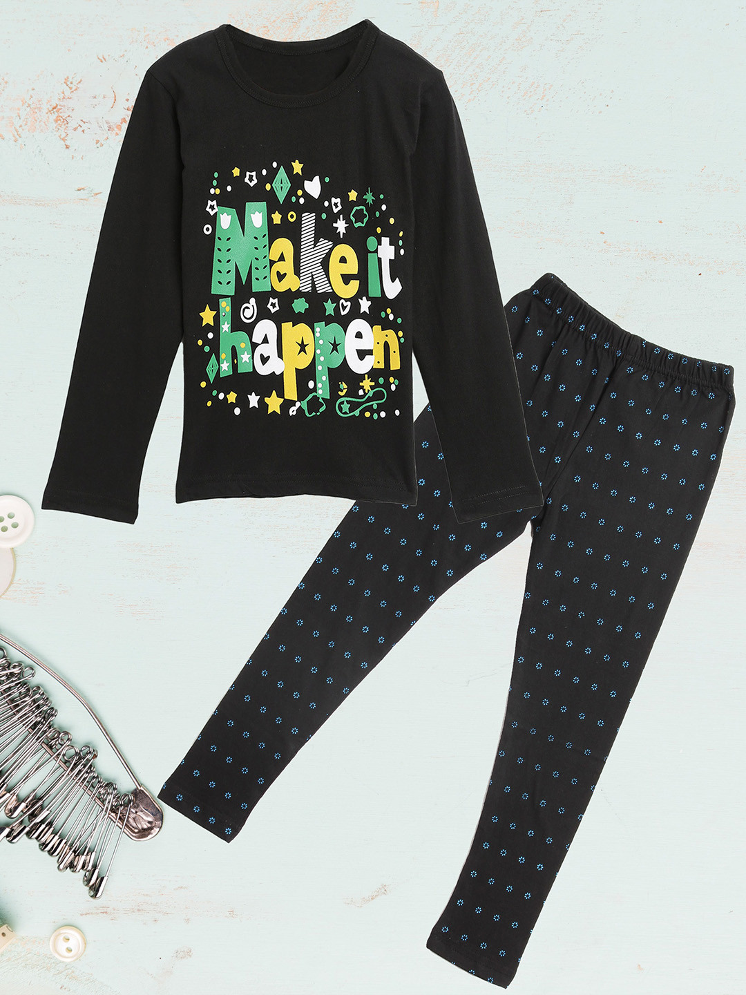 

Kids On Board Girls Typography Printed Pure Cotton Night Suit, Black