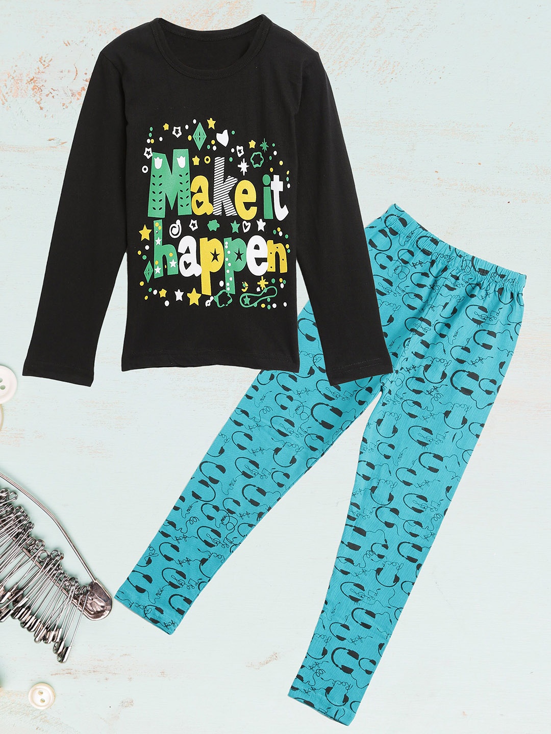 

Kids On Board Girls Typography Printed Pure Cotton Night Suit, Black