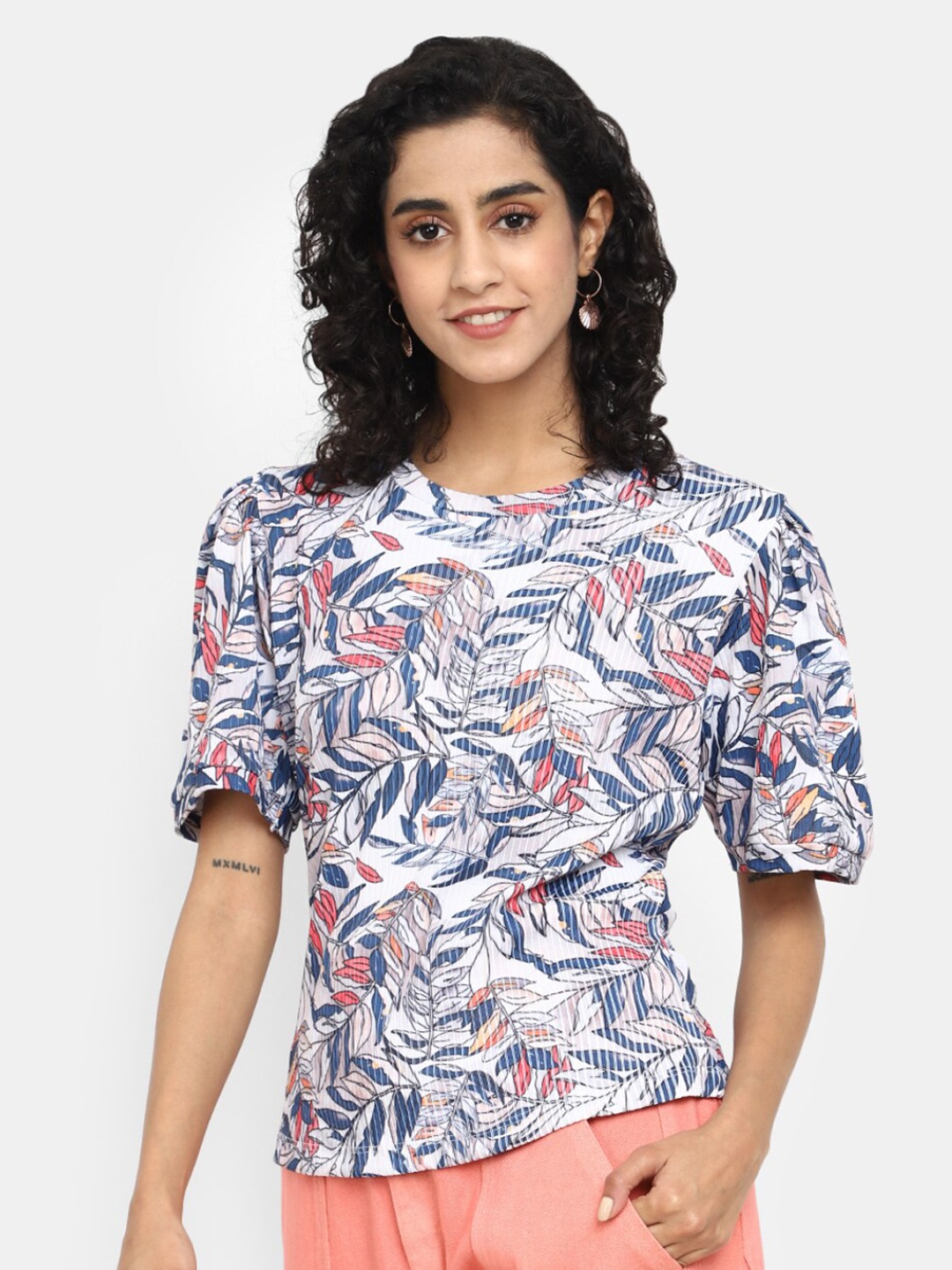 

V-Mart Tropical Printed Puff Sleeve Cotton T-shirt, Blue