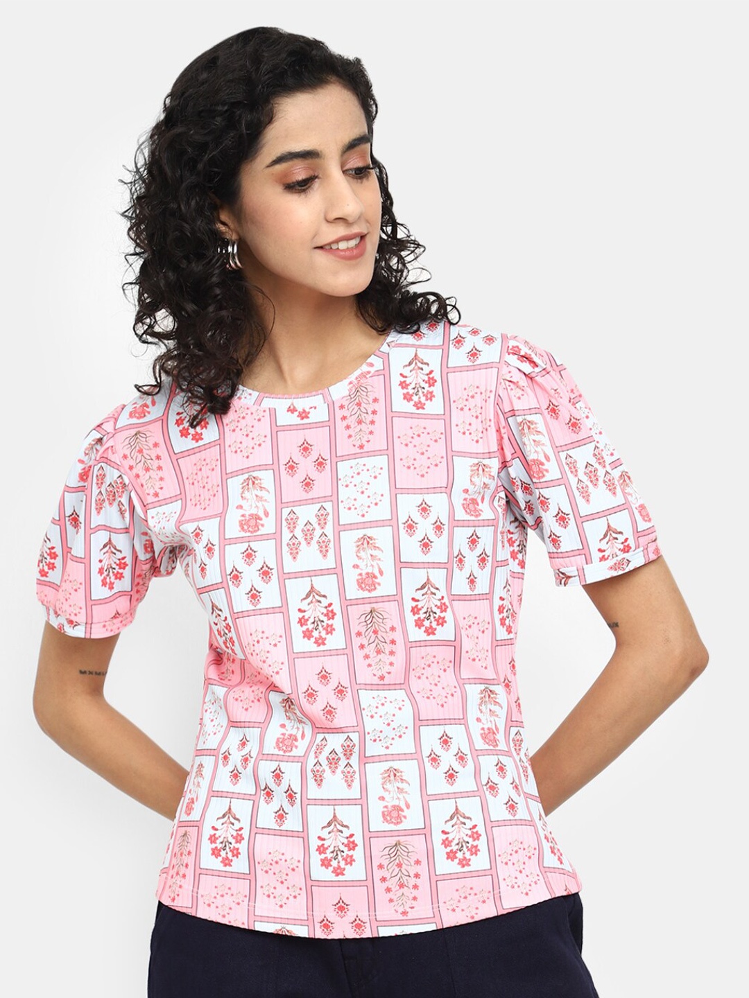 

V-Mart Floral Printed Puff Sleeve Cotton T-shirt, Pink