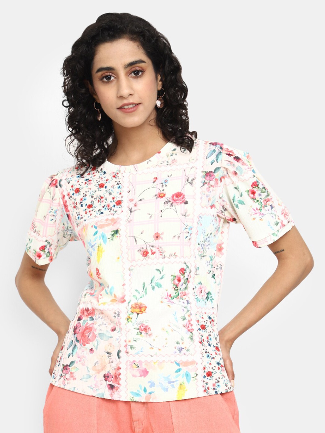 

V-Mart Floral Printed Puff Sleeve Cotton T-shirt, White